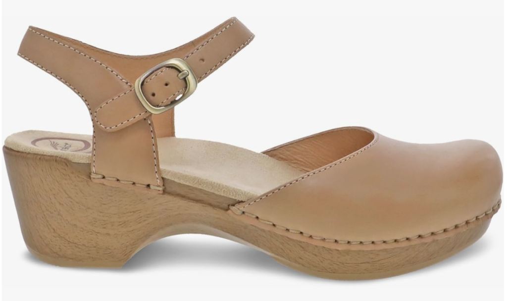 teacher shoes comfortable. Image of sling-back sandal with wedge heel in sand color.