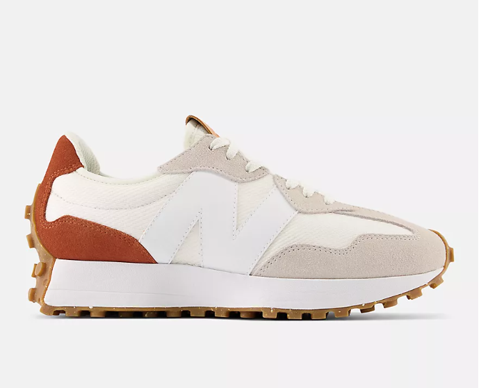 teacher shoes. Image of New Balance 327 sneaker with burnet sienna color over heel and taupe coloring at front of shoe.