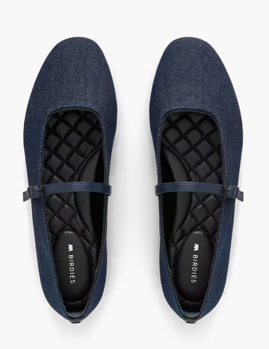 trendy teacher shoes. Image of denim Mary Jane flat.