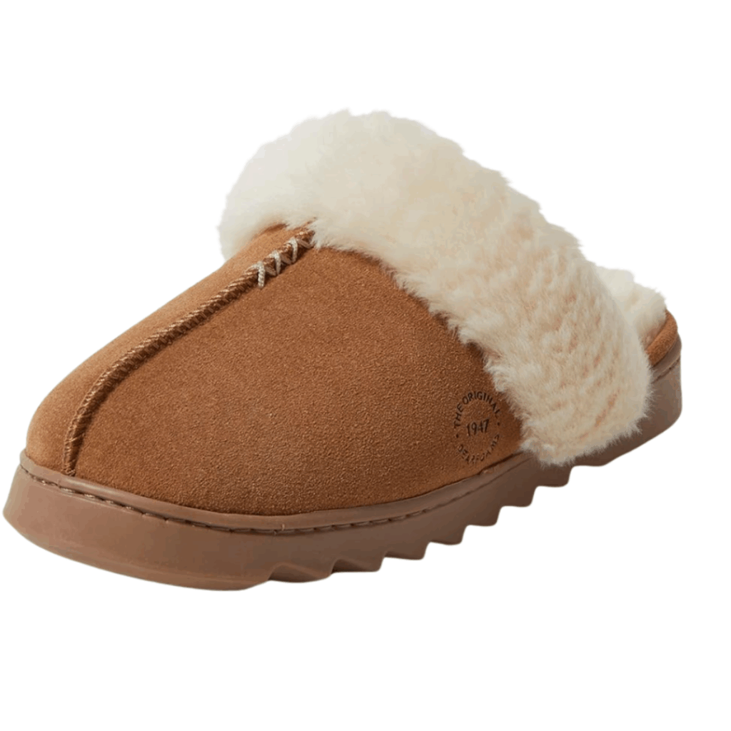 2025 gift guide for women. Image of brown suede and faux fur slide on slipper.