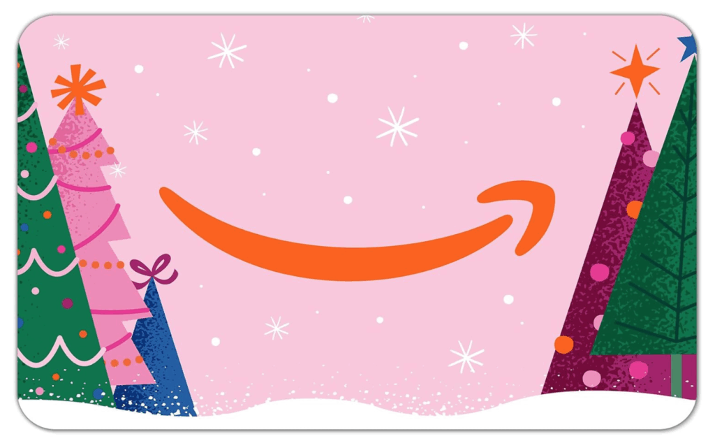 Image of Amazon gift card with pink background and Christmas trees.