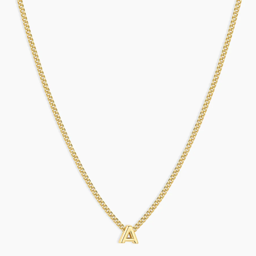 Image of gold necklace with letter "A" charm.
