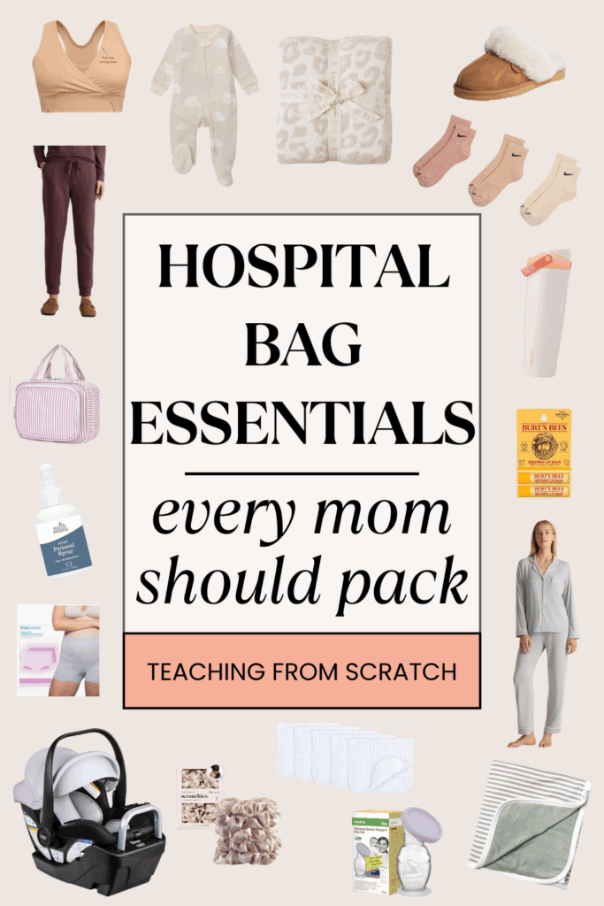 Pinterest pin that says "hospital bag essentials every mom should pack" with images of the items listed below in this post for what every mom should back in their hospital bag.