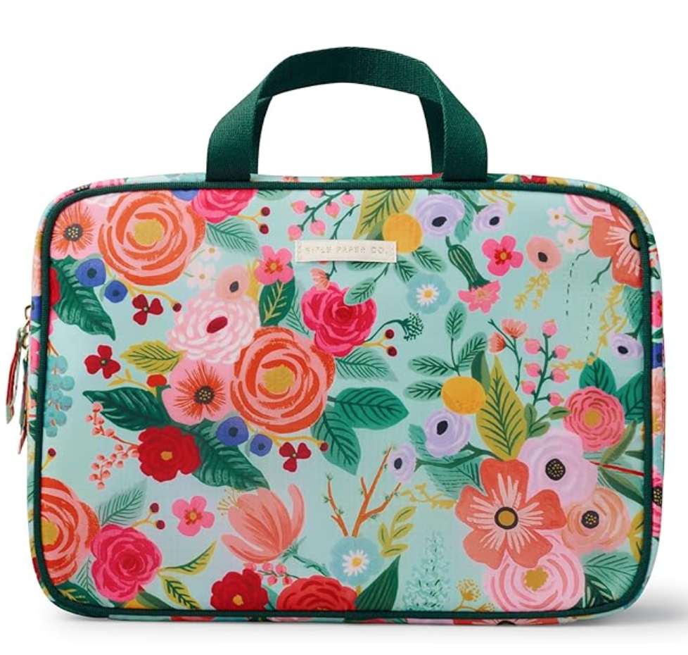 women's Christmas gift guide. Image of multi-colored floral pattern travel cosmetic bag from RIFLE PAPER CO.