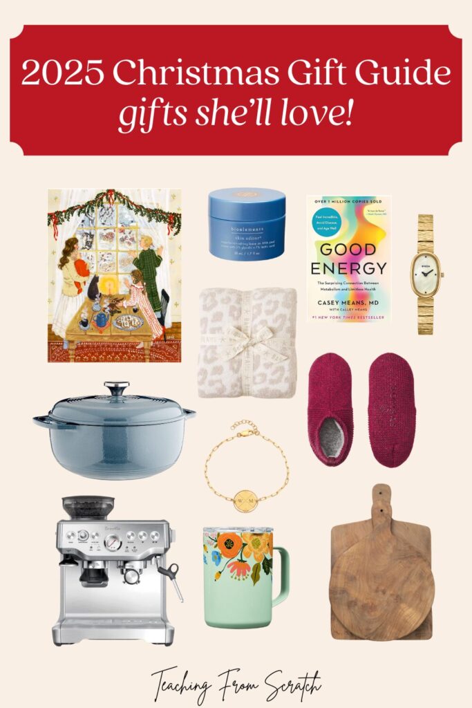 Image of Pinterest Pin that says "2025 Christmas gift guide gifts she'll love!" with various images from this post...image Lore Pemberton print that has children and mother at dining room table, looking out a window that snowy field, pink and white throw blanket, gold watch, gold bracelet, blue dutch oven, silver espresso machine, book "good energy", wooden cutting boards, mint green with flowers mug, blue skin editor skin product, magenta slippers.