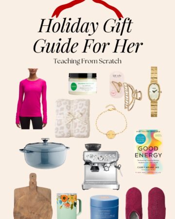Image of Pinterest Pin that says "Holiday Gift Guide for Her" with various images from this post...image of woman in pink shirt, body scrub, pink and white throw blanket, gold claw clip, gold watch, gold bracelet, blue dutch oven, silver espresso machine, book "good energy", wooden cutting boards, mint green with flowers mug, blue skin editor skin product, magenta slippers.