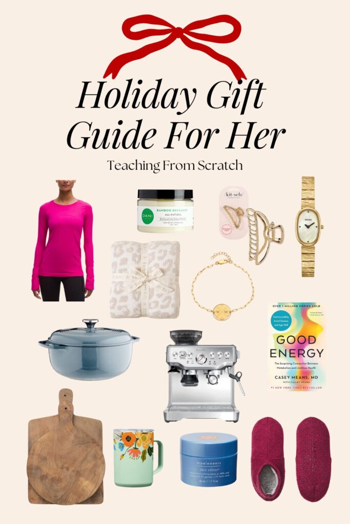 Image of Pinterest Pin that says "Holiday Gift Guide for Her" with various images from this post...image of woman in pink shirt, body scrub, pink and white throw blanket, gold claw clip, gold watch, gold bracelet, blue dutch oven, silver espresso machine, book "good energy", wooden cutting boards, mint green with flowers mug, blue skin editor skin product, magenta slippers.
