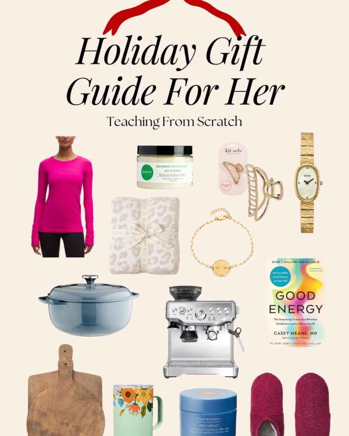 Image of Pinterest Pin that says "Holiday Gift Guide for Her" with various images from this post...image of woman in pink shirt, body scrub, pink and white throw blanket, gold claw clip, gold watch, gold bracelet, blue dutch oven, silver espresso machine, book "good energy", wooden cutting boards, mint green with flowers mug, blue skin editor skin product, magenta slippers.
