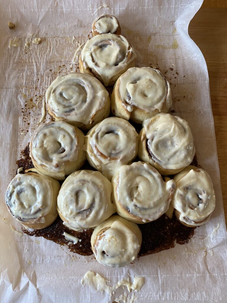 birthday tradition ideas. Image of cinnamon rolls in the shape of a Christmas tree. 