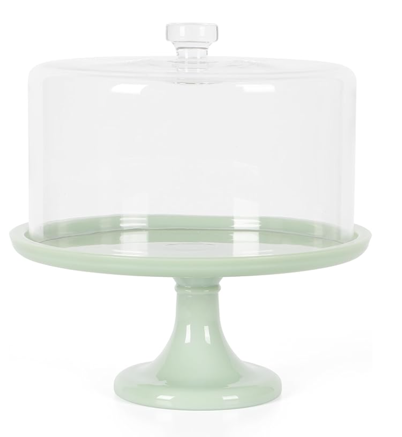 Image of green cake platter with glass lid. 