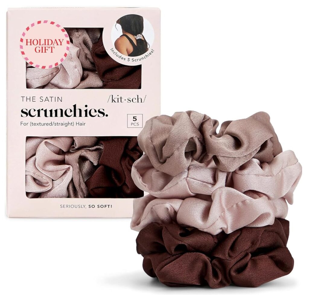 stocking stuffers for women. Image of satin scrunchies in mauve, light pink, and maroon.