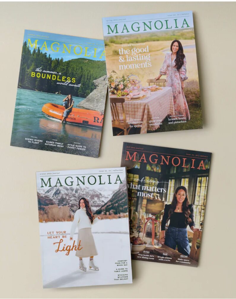 stocking stuffer gift ideas. Image of 4 Magnolia magazines with Joanna Gaines on the cover.