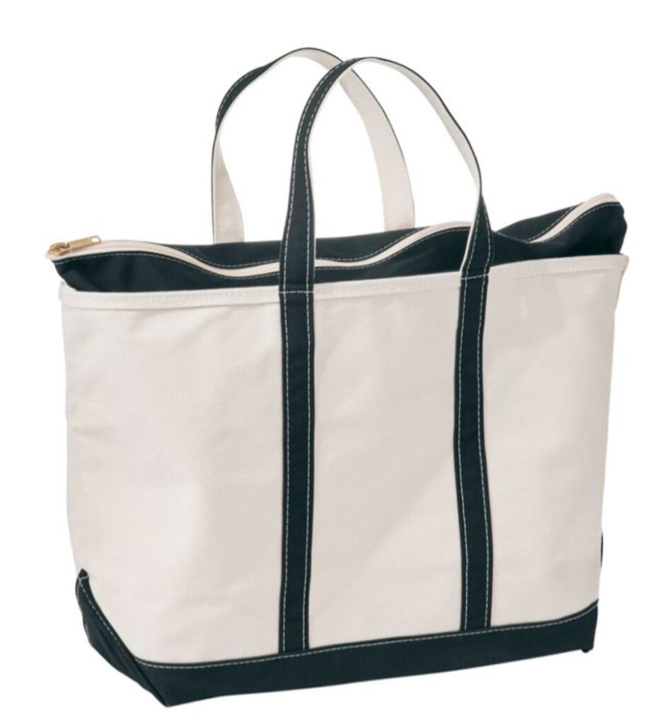Christmas wishlist gift ideas. Image of white canvas tote bag with black handles and gold zipper.