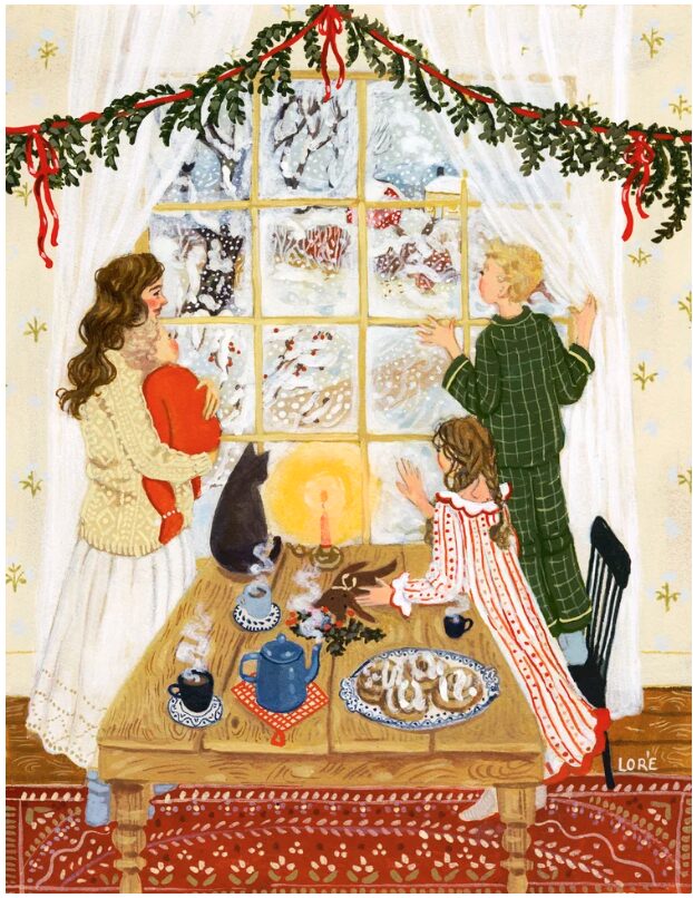 favorites. Image of First Snow by Lore Pemberton. Illustration is an art print of mom and three kids looking out dining room table window at snow falling outside.