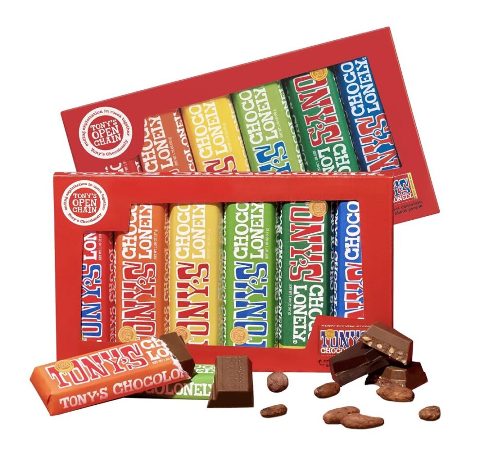 gift ideas for hostess. Image of variety back of Tony's chocolates that come in red, orange, yellow, lime green, kelly green, and blue wrapping all in a red box. 