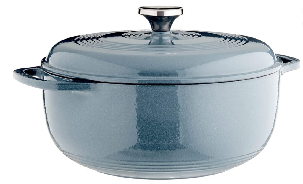 gift ideas for kitchen. Image of enamel coated Lodge cast iron dutch oven in slate blue color.