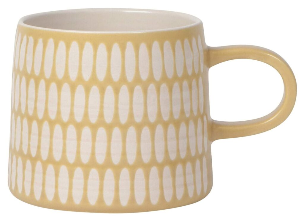 gift ideas under 15. Image of yellow and white small striped mug