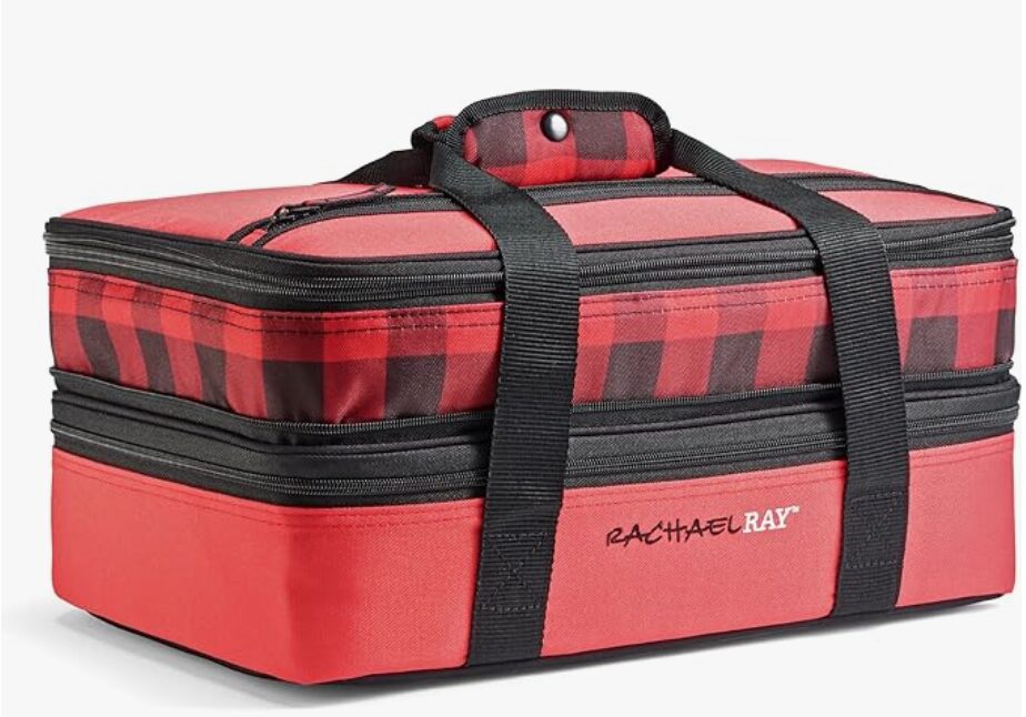 gifts moms will love. Image of insulated casserole carrier that is red and red and black plaid.