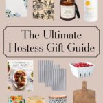 Image of Pinterest Pin that says "23 hostess gift ideas any host will love!" in white font with grey/blue highlight. Images of matches, hydrangea jewelry dish, candle, striped kitchen towels, hand lotion, wine stoppers, travel coffee mug in mint green with flowers, knife, cookbook, red silicone food cover, blue pattern jar with wooden lid, can of magic unicorn salt, and wooden breadboards.