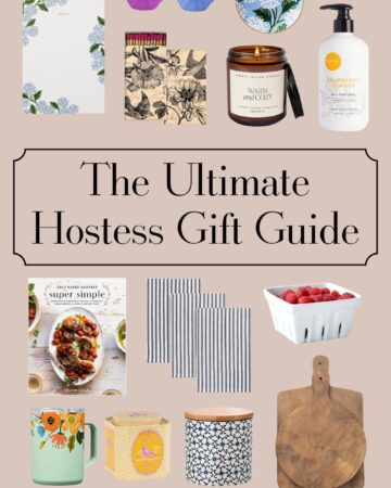 Image of Pinterest Pin that says "23 hostess gift ideas any host will love!" in white font with grey/blue highlight. Images of matches, hydrangea jewelry dish, candle, striped kitchen towels, hand lotion, wine stoppers, travel coffee mug in mint green with flowers, knife, cookbook, red silicone food cover, blue pattern jar with wooden lid, can of magic unicorn salt, and wooden breadboards.