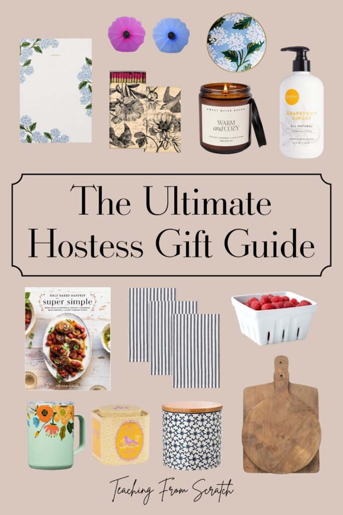Image of Pinterest Pin that says "23 hostess gift ideas any host will love!" in white font with grey/blue highlight. Images of matches, hydrangea jewelry dish, candle, striped kitchen towels, hand lotion, wine stoppers, travel coffee mug in mint green with flowers, knife, cookbook, red silicone food cover, blue pattern jar with wooden lid, can of magic unicorn salt, and wooden breadboards. 