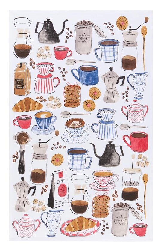host gift that isn't wine. Image of printed kitchen towel with images of various coffee cups, tea cups, coffee makers, spoons, and baked goods. 