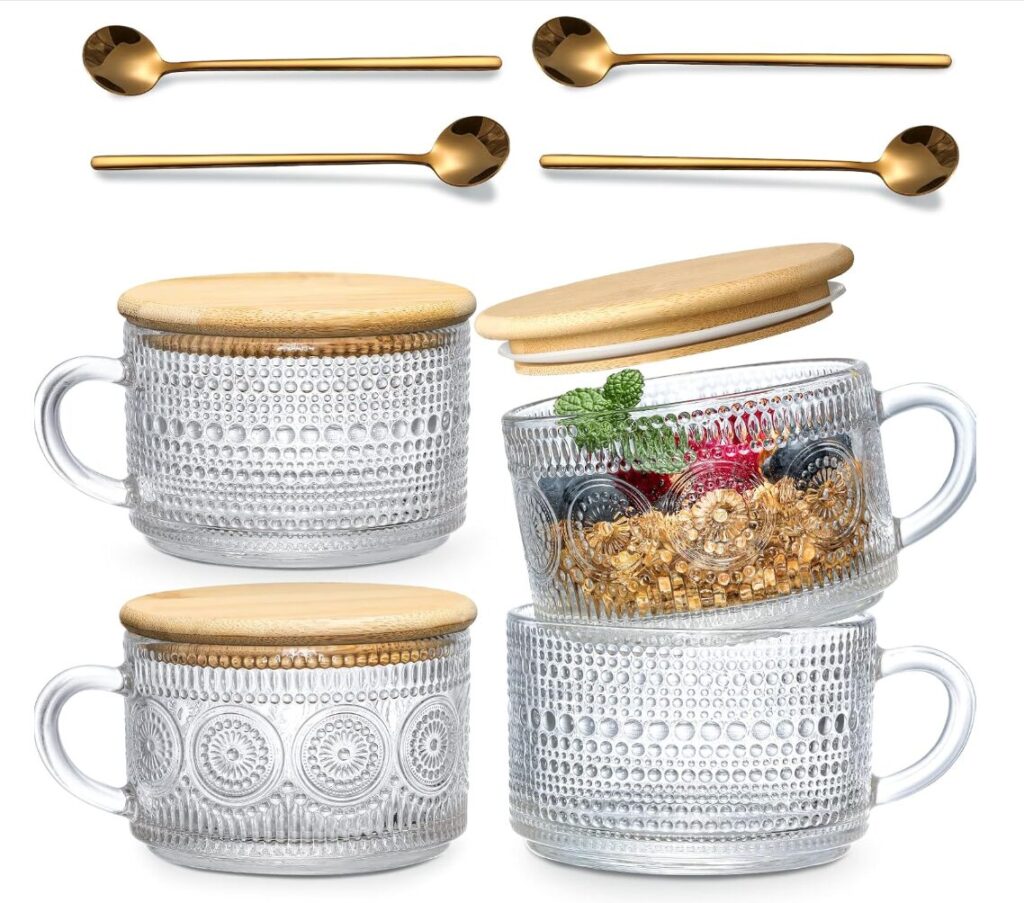 4 vintage glass mugs with wooden lids and 4 gold spoons.