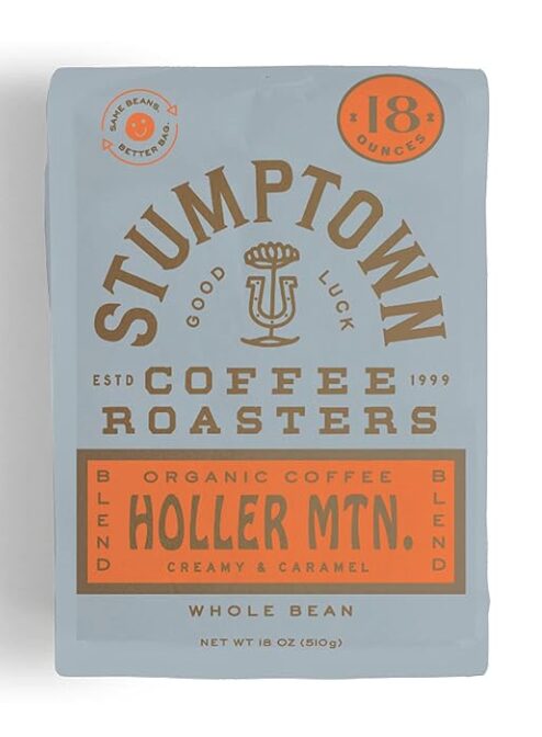 hostess gift ideas. Image of bag of coffee by Stumptown Roasters - holler mountain blend in a powder blue bag with copper and orange writing. 