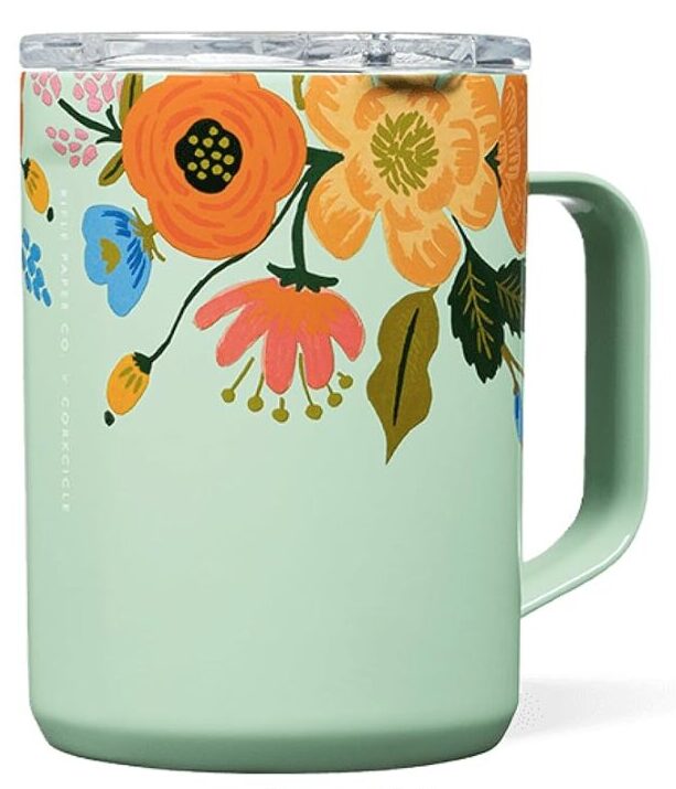 hostess gifts. Image of travel mug with handle that has a floral pattern and mint green background. 