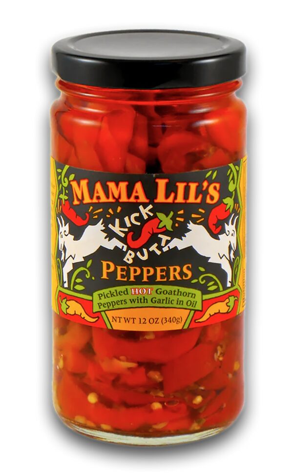 hostess gifts for Christmas. Image of Mama Lil's red peppers in glass jar with black lid. 