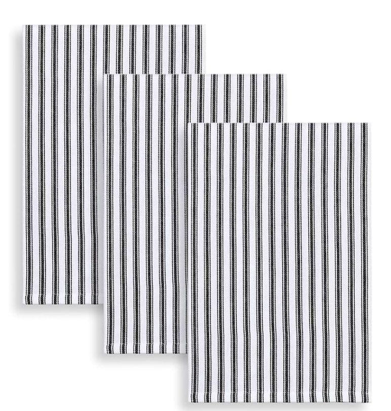 hostess gifts that aren't wine. Image of 3 cotton dish towels with black and white striped.