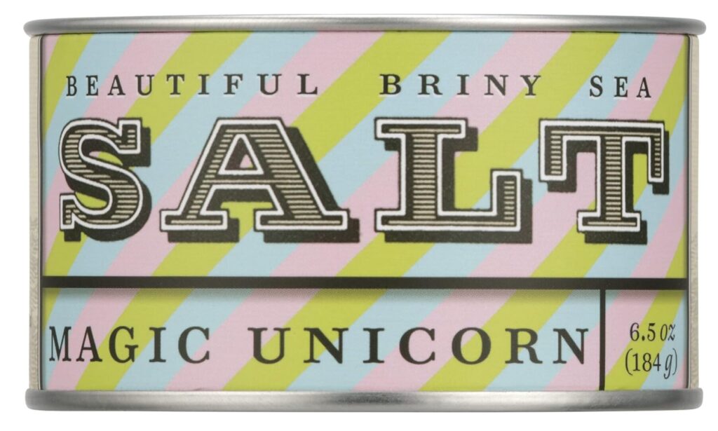 ideas for host gift. Image of an of Beautiful Briny Salt in Magic Unicorn. Can has pastel green, blue, and pink diagonal lines. 
