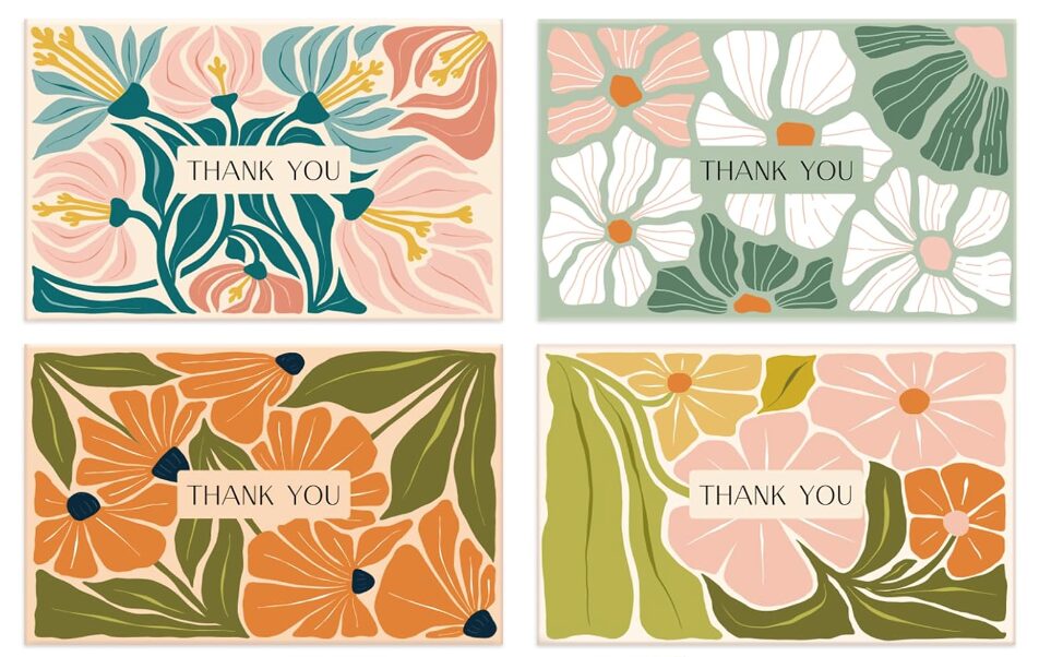 thoughtful gifts for hosts. Image of set of 4 than you cards with floral pattern backgrounds. 