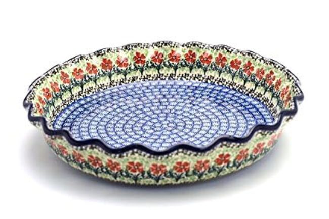 unique Christmas gifts. Image of pie dish with scalloped detail and dot and floral pattern with greens, reds, and blues.
