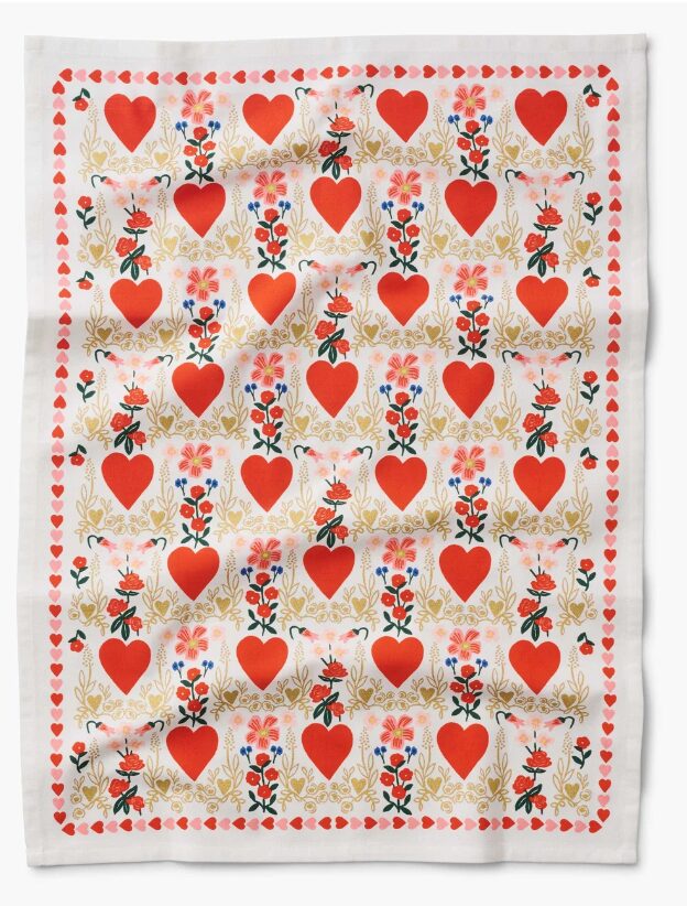 monthly favorites list. Image of tea towel with red hearts, red flowers, and gold doodles of vines and hearts.
