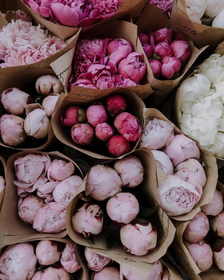 valentines day gift ideas image of pink and white bouquets of flowers wrapped in brown paper.