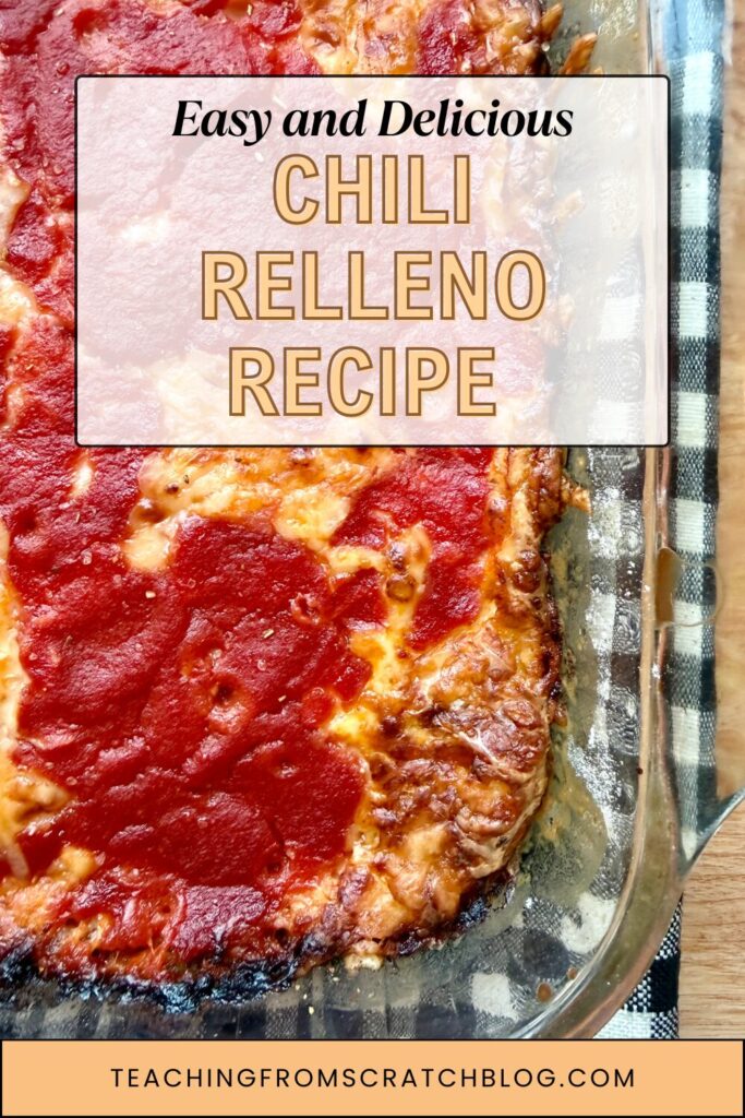 image of chili relleno casserole in glass baking dih on black and white buffalo check napkin with text overlay that says "easy and delicios chili releno recipe"