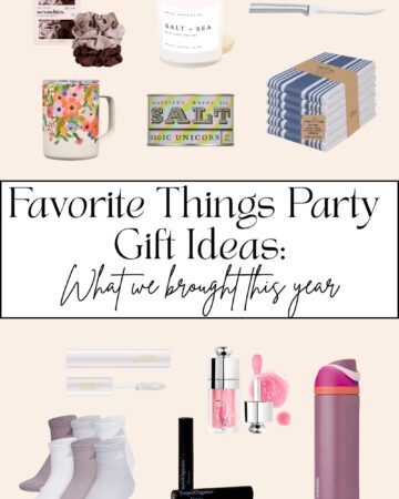 image with text overlay that says "favorite things party gift ideas: what we brought his year". Includes: scrunchies, mug, candle, seasoning, kinfe, dish towels, lash primer, mascara, lip glass, socks, water bottle.
