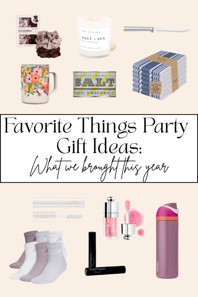 image with text overlay that says "favorite things party gift ideas: what we brought his year". Includes: scrunchies, mug, candle, seasoning, kinfe, dish towels, lash primer, mascara, lip glass, socks, water bottle.