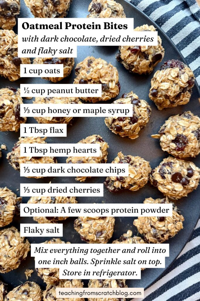 Image of Pinterest pin that says: Oatmeal Protein Bits with dark chocolate, dried cherries, and flaky salt. Then lists the ingriedients: 