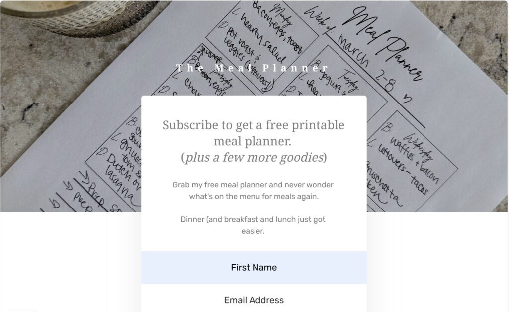 favorite things. Image of screenshot of landing page for printable meal planner.