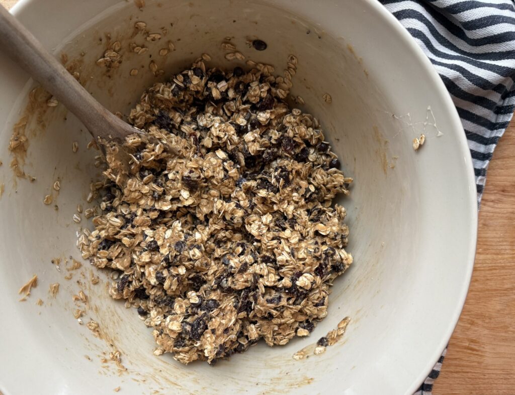 Image of stirred/combined ingredients for healthy oatmeal balls. 