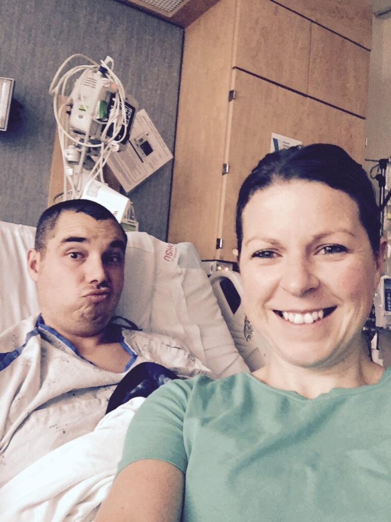 how to support a friend who lost a spouse. Image of man and woman in hospital bed. 
