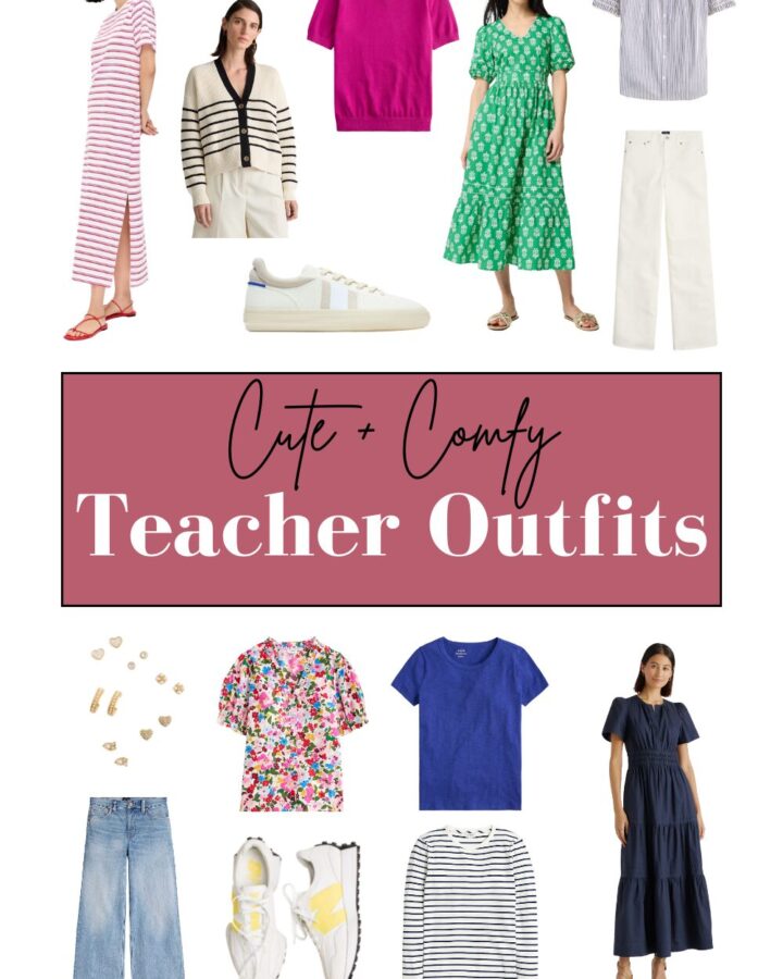 image graphic that says "cute and comfy teacher outfits" with images of various outfit ideas featured in this post: pink striped dress, black and white striped cardigan, pink short sleeve shirt, white tennis shoes, green block print dress, blue and white striped blouse, white jeans, gold earrings, blue jeans, floral shirt, white shoes with yellow N, blue t shirt, black and white long sleeve t, navy dress.