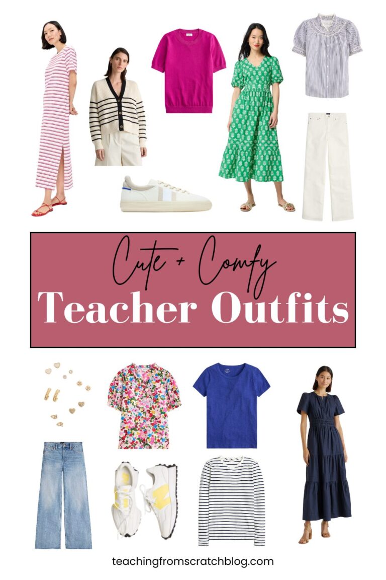 image graphic that says "cute and comfy teacher outfits" with images of various outfit ideas featured in this post: pink striped dress, black and white striped cardigan, pink short sleeve shirt, white tennis shoes, green block print dress, blue and white striped blouse, white jeans, gold earrings, blue jeans, floral shirt, white shoes with yellow N, blue t shirt, black and white long sleeve t, navy dress.