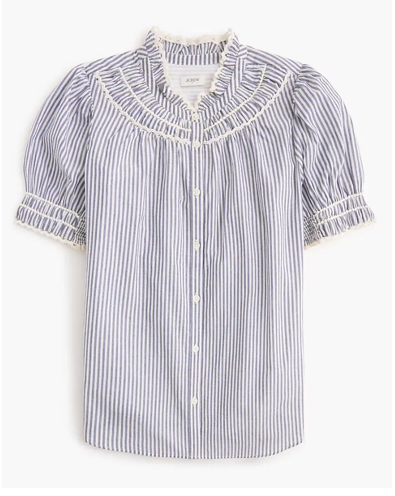 blue and white striped smocked blouse.