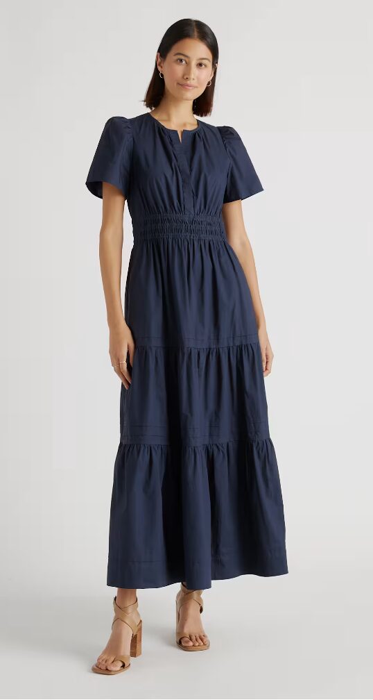 woman wearingPoplin Tiered Maxi Dress Navy dress

