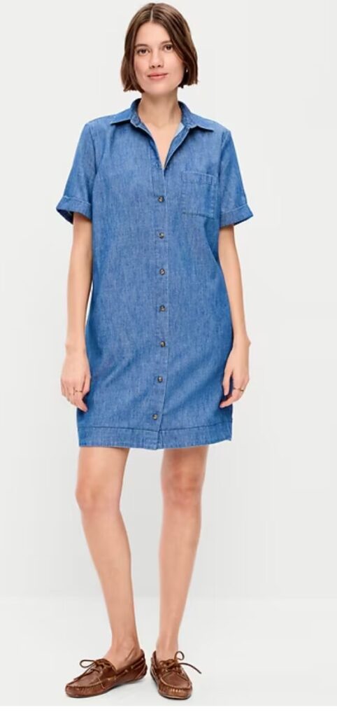 Woman wearing Button-Down Mini Shirt Dress in chambray denim
