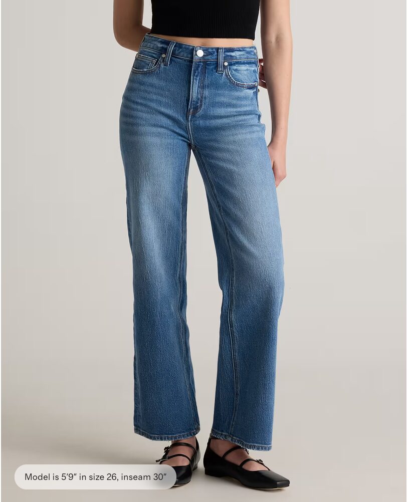 comfy teacher outfit ideas. Image of woman wearing wide leg dark wash denim jeans.