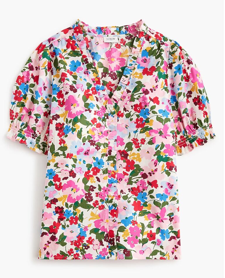 image of Short-sleeve floral ruffle top in multi-colored flower print
